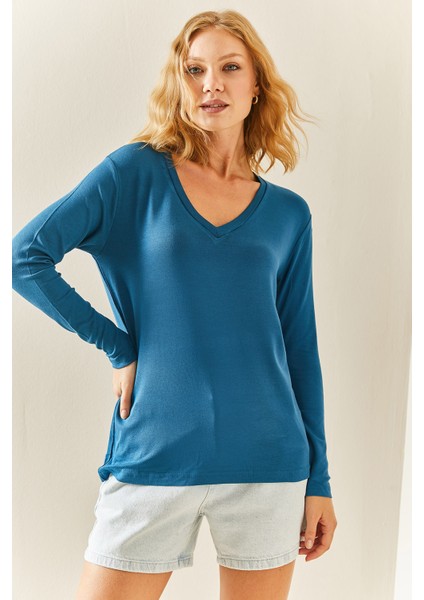 Petrol Mavisi V Yaka Dökümlü Bluz 3YXK2-47542-42
