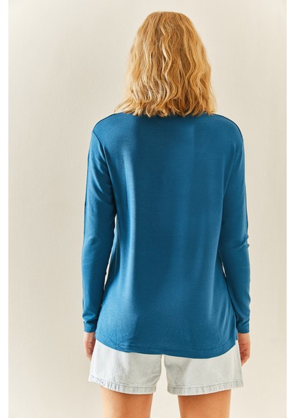 Petrol Mavisi V Yaka Dökümlü Bluz 3YXK2-47542-42 indirimleri