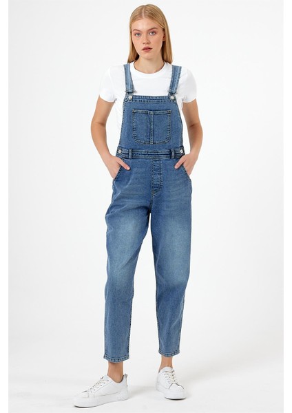 Kadın Dora Dirty Med Blue Mom Jean Salopet Tulum modelleri