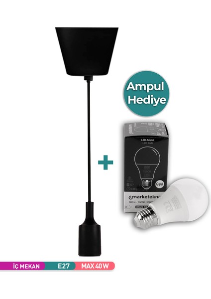 Ack Dekoratif LED Sarkıt Aparatı Siyah E27 Duy Marketekno Ampul