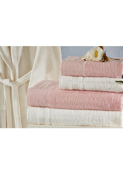 Family Dantelli Pembe & Krem Aile Bornoz Seti 6 Parça Çeyizlik Kadın Erkek Bornoz Banyo Havlu Takımı fırsatları