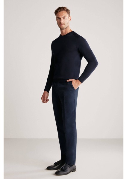 Slim Fit Bisiklet Yaka Lacivert Merino Yün Triko