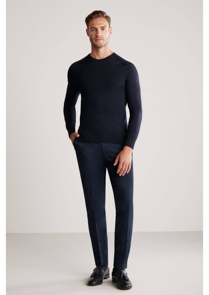 Slim Fit Bisiklet Yaka Lacivert Merino Yün Triko