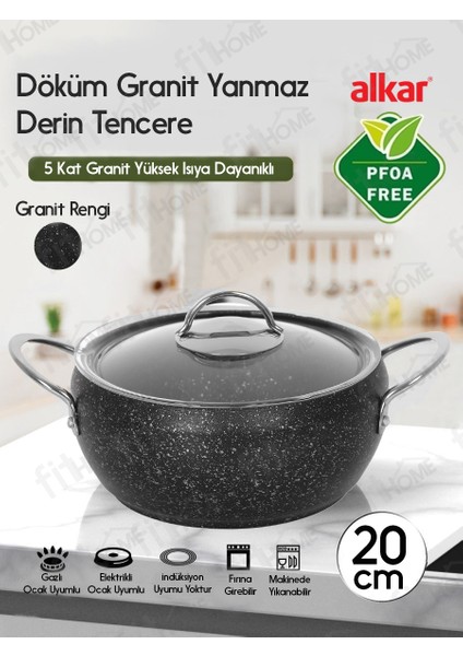 Döküm Granit Çelik Saplı Fırına Girebilir Derin Yemek Tenceresi 20 cm