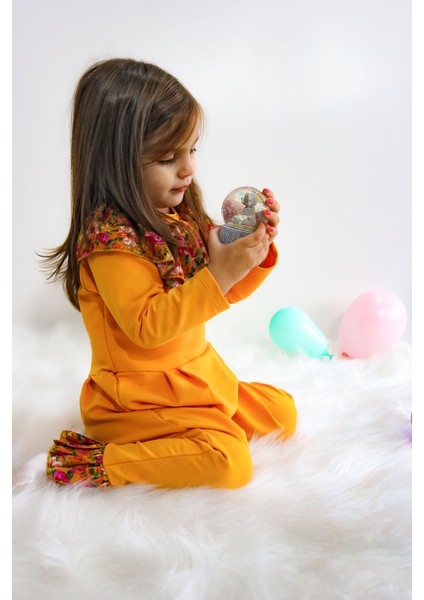 Parla Kids Kız Bebek Lotus Hardal Çiçekli Uzun Kollu Çıtçıtlı Yakalı Tulum