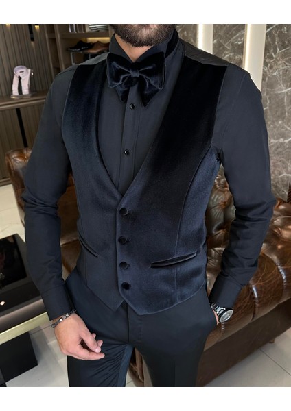 Italyan Kesim Slim Fit Kırlangıç Yaka Ceket Yelek Pantolon Damatlık Set Siyah T10229 fırsatları