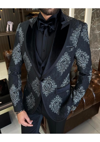 Italyan Kesim Slim Fit Kırlangıç Yaka Ceket Yelek Pantolon Damatlık Set Siyah T10229 indirimleri