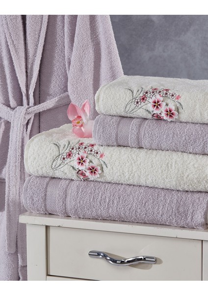 Family Nakışlı Krem & Lila Aile Bornoz Seti 6 Parça Çeyizlik Kadın Erkek Bornoz Banyo Havlu Takımı modelleri