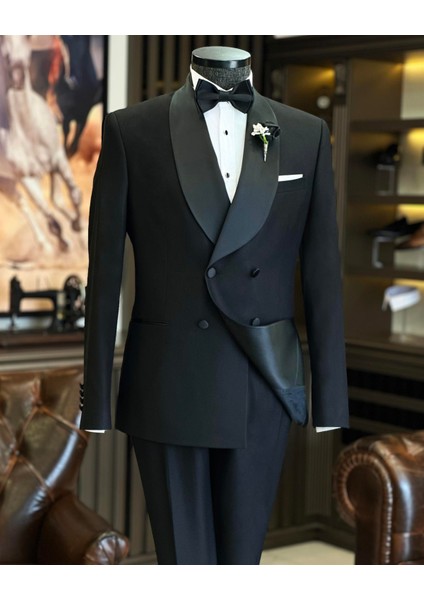 Italyan Kesim Slim Fit Şal Yaka Kruvaze Ceket Pantolon Damatlık Set Siyah T9893