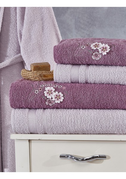 Family Nakışlı Mor & Lila Aile Bornoz Seti 6 Parça Çeyizlik Kadın Erkek Bornoz Banyo Havlu Takımı modelleri