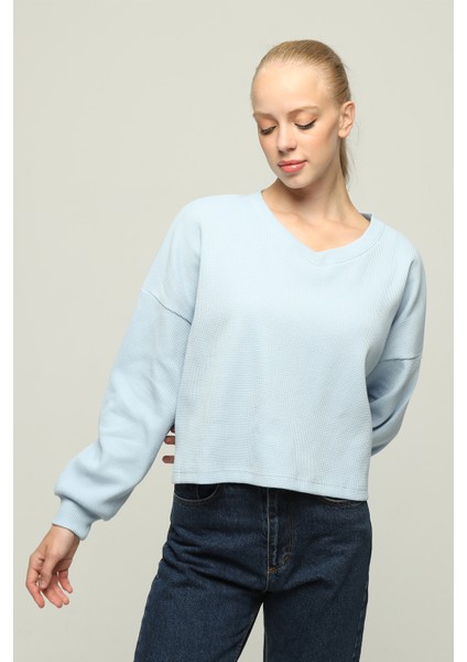 Kadın V Yaka Uzun Kol Oversize Özel Kumaş Bluz