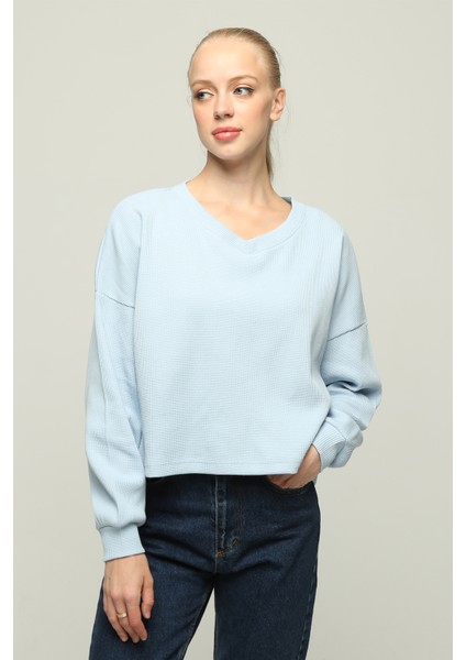 Kadın V Yaka Uzun Kol Oversize Özel Kumaş Bluz fiyatları