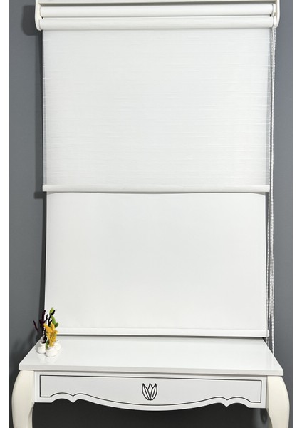 Çiftli Sistem Modern Çizği Tül & Mat Beyaz Stor %80 Işıgı Keser