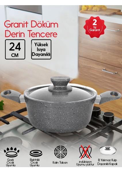 Döküm Granit Yanmaz Yapışmaz Derin Yemek Tenceresi 24 cm
