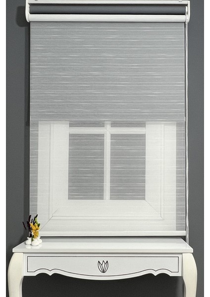 Çiftli Sistem Modern Çizgi Beyaz Tül & Mat Gri Stor %90 Işıgı Keser