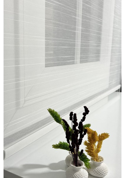 Çiftli Sistem Modern Çizği Tül & Mat Beyaz Stor %80 Işıgı Keser