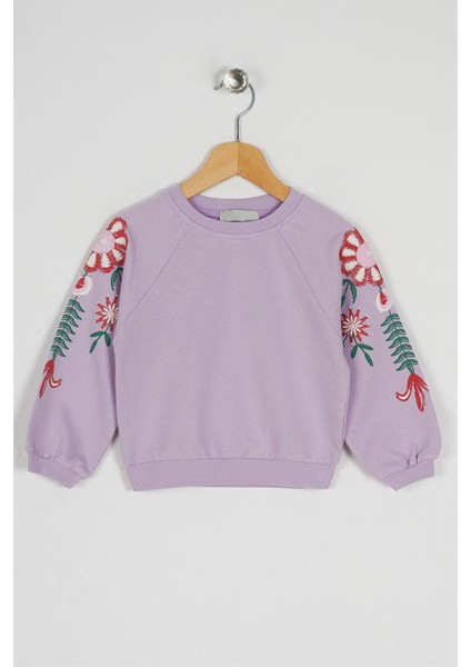 Kız Çocuk Lila Renkli Kolları Çiçek Baskılı Sweatshirt