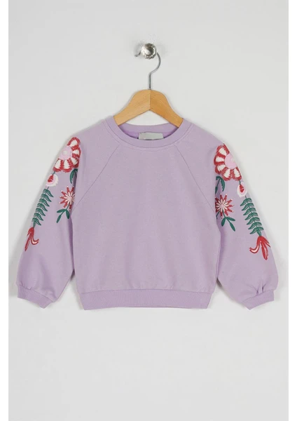 Kız Çocuk Lila Renkli Kolları Çiçek Baskılı Sweatshirt