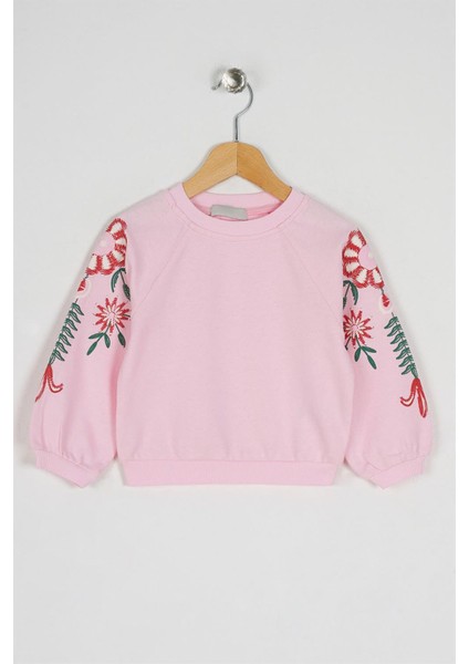 Kız Çocuk Pudra Renkli Kolları Çiçek Baskılı Sweatshirt
