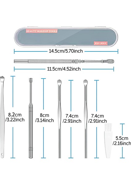 Paslanmaz Çelik Kulak Balmumu Toplayıcı Çıkarıcı Temizleyici Bakımı Çubuk Seti 6 Parça