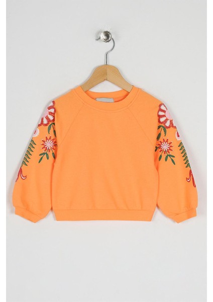 Kız Çocuk Somon Renkli Kolları Çiçek Baskılı Sweatshirt
