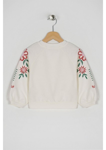 Kız Çocuk Ekru Renkli Kolları Çiçek Baskılı Sweatshirt