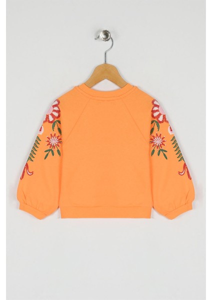 Kız Çocuk Somon Renkli Kolları Çiçek Baskılı Sweatshirt fiyatları