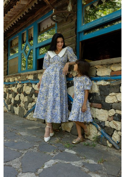 Yakalı Mavi Pastel Çiçekli Balon Kol Kloş Anne Kız Kombini (Tekli Satılmaktadır) modelleri