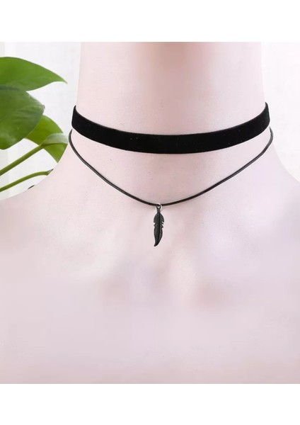 Tüy Detaylı Ikili Boyun Kolye Kadın Choker, Kadın Kolye