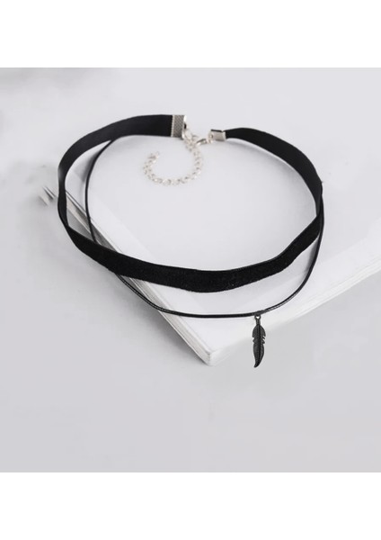 Tüy Detaylı Ikili Boyun Kolye Kadın Choker, Kadın Kolye