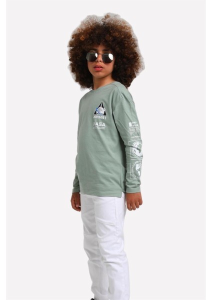 Jacklions Erkek Çocuk Önü-Arkası Baskılı Uzun Kollu T-Shirt 15067 Çağla Yeşili