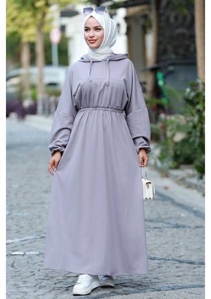 Lidya Beli Lastikli Kapüşonlu Tesettür Elbise 586 - Gri