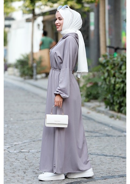 Lidya Beli Lastikli Kapüşonlu Tesettür Elbise 586 - Gri modelleri