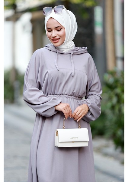 Lidya Beli Lastikli Kapüşonlu Tesettür Elbise 586 - Gri fırsatları