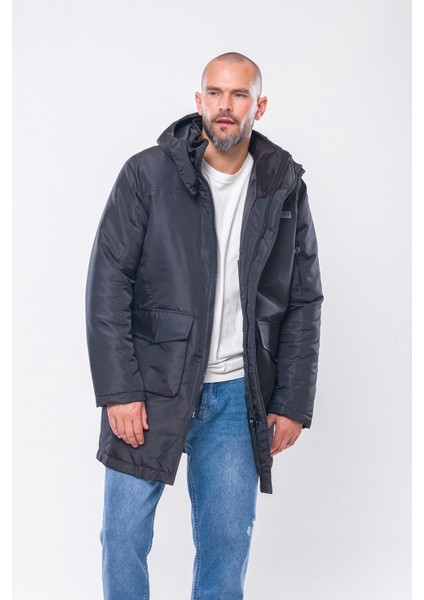 K235 Erkek Siyah Kapşonlu Parka