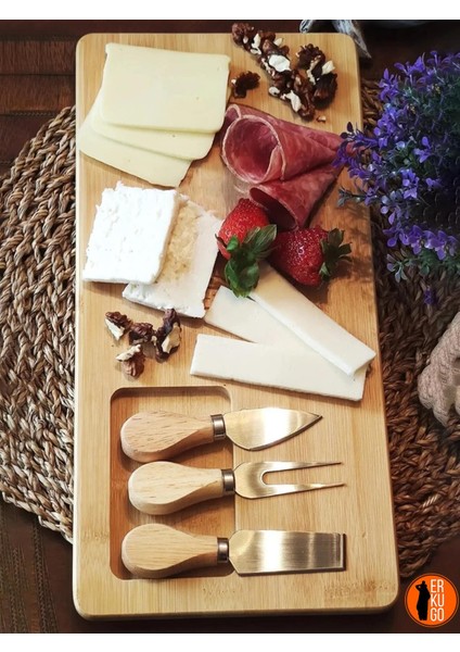4 Parça Bambu Peynir Sunum Tahtası ve Çatal Spatula Bıçak Seti Peynir Kesim Panosu