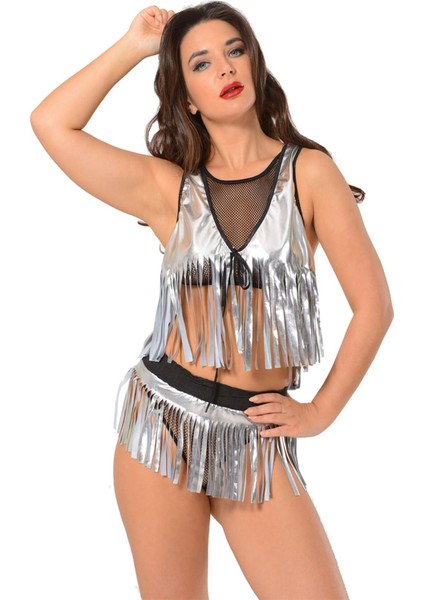 Gri Deri ( Lame ) Püsküllü Gecelik - 428 - Beden L/xl