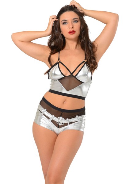 Gri Deri ( Lame ) Gecelik - 432 - Beden S