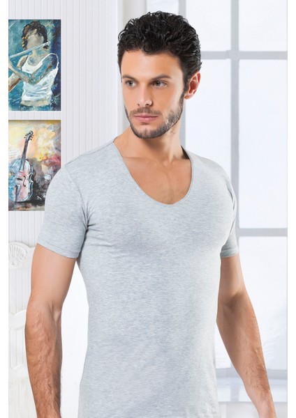 3 Lü Paket Erkek Derin Bisiklet Yaka Kısa Kollu Lycralı Gri Melanj T-Shirt EDY714-715G