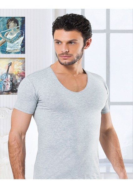 3 Lü Paket Erkek Derin Bisiklet Yaka Kısa Kollu Lycralı Gri Melanj T-Shirt EDY714-715G modelleri