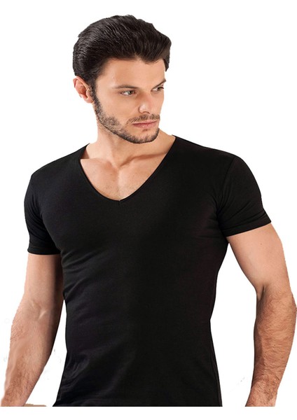 Erkek Siyah,beyaz,gri Melanj 3 Lü Karma Paket Derin V Yaka Kısa Kol Likralı Tshirt EDY712-713