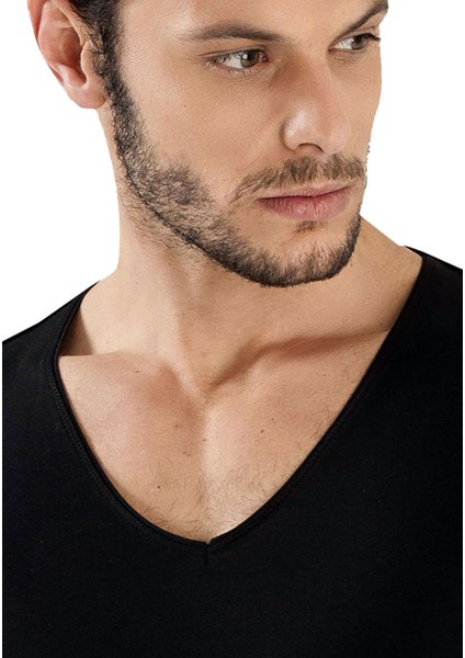 Erkek Siyah,beyaz,gri Melanj 3 Lü Karma Paket Derin V Yaka Kısa Kol Likralı Tshirt EDY712-713 modelleri