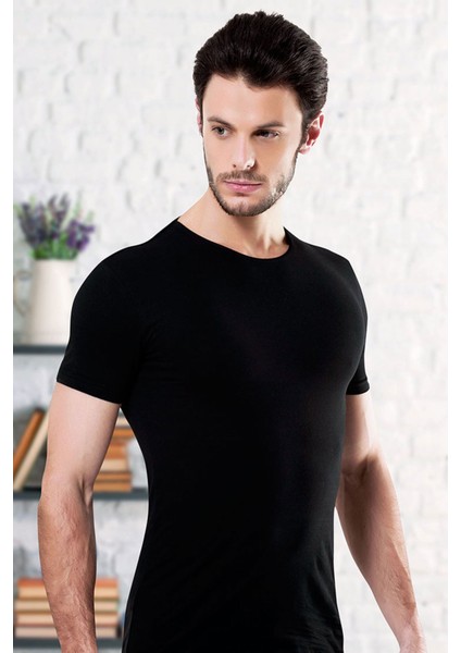 Erkek Siyah-Beyaz 2 Li Karma Paket Bisiklet Yaka Kısakol Lycralı Tshirt EDY704-705