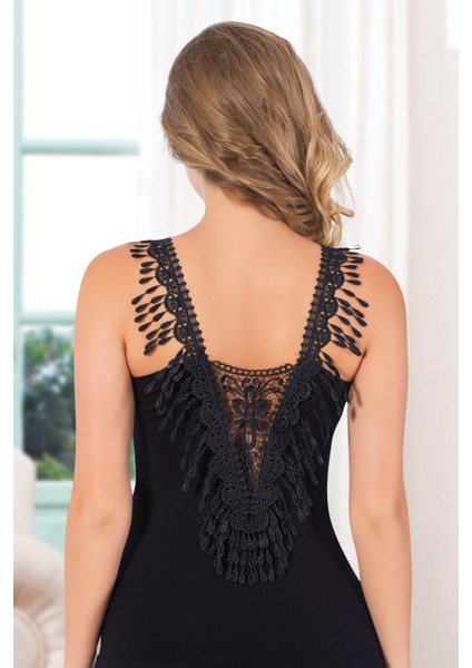 Kadın Siyah Lcyra Süprem Penye Dantelli Sırt Dekolteli Atlet T-Shirt EDY2460-2461