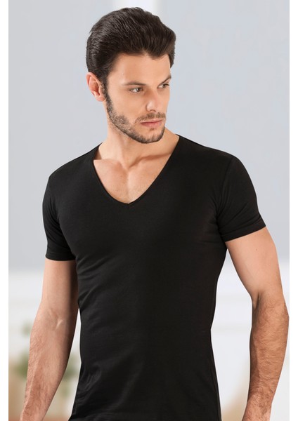 Siyah 3 Lü Paket Erkek Derin V Yaka Kısa Kollu Lycralı Siyah T-Shirt EDY712-713S
