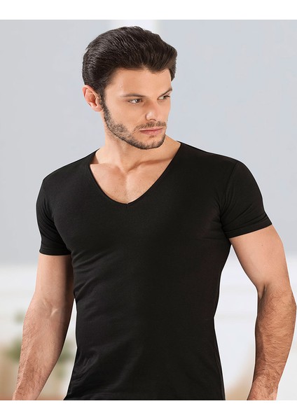 Siyah 3 Lü Paket Erkek Derin V Yaka Kısa Kollu Lycralı Siyah T-Shirt EDY712-713S modelleri