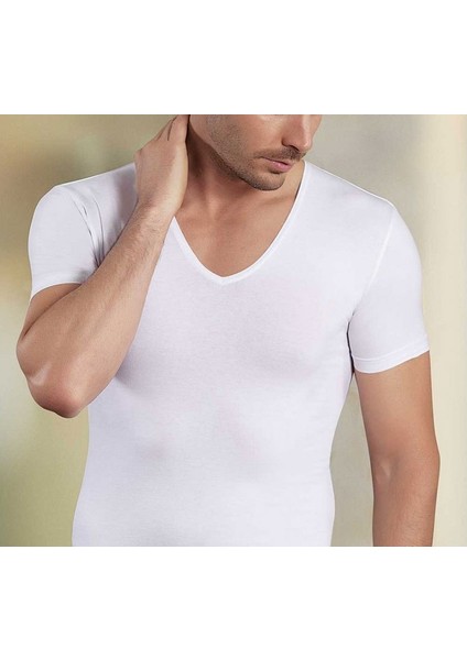 Beyaz 3 Lü Paket Erkek Derin V Yaka Kısa Kollu Lycralı Beyaz T-Shirt EDY712-713B