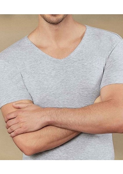 Gri Melanj 3lü Paket Erkek Derin V Yaka Kısa Kollu Lycralı Gri Melanj T-Shirt EDY712-713G