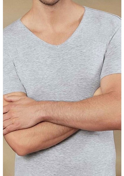 Gri Melanj 3lü Paket Erkek Derin V Yaka Kısa Kollu Lycralı Gri Melanj T-Shirt EDY712-713G fiyatları