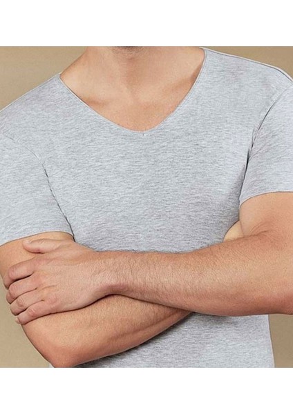 Gri Melanj 3lü Paket Erkek Derin V Yaka Kısa Kollu Lycralı Gri Melanj T-Shirt EDY712-713G modelleri